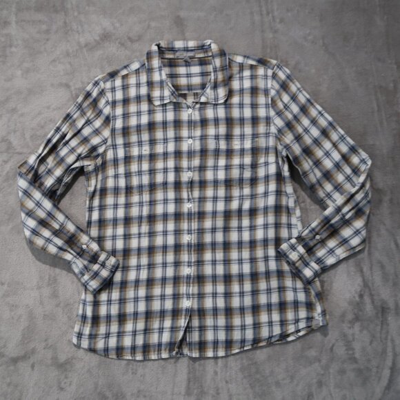 Horny Toad Shirt Womens L Blue Plaid Button Down Collared Cinched Back Casual - Picture 1 of 15